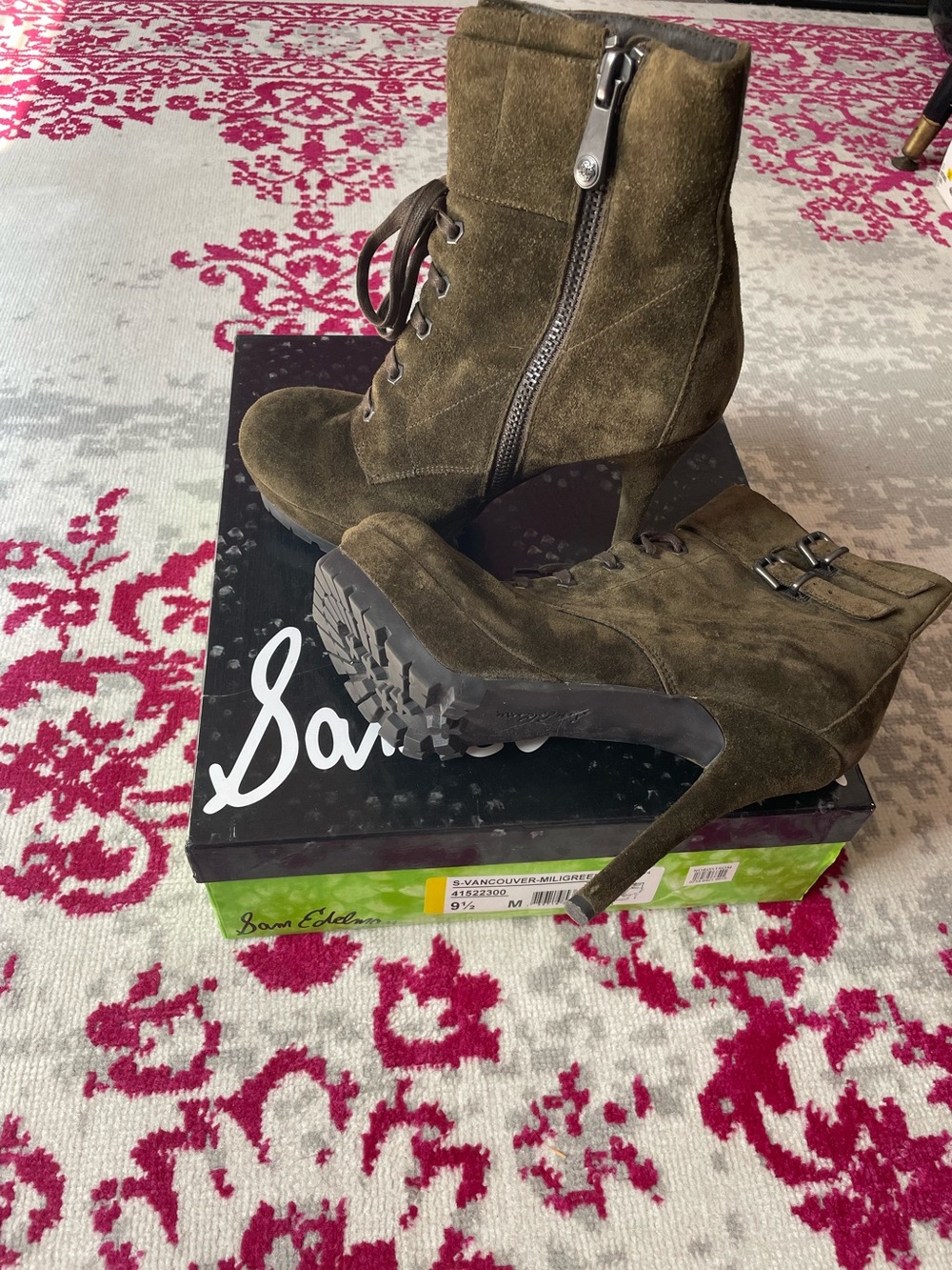 Sam Edelman Olive Green Suede Stiletto Lace-Up Boots with Side Zip
